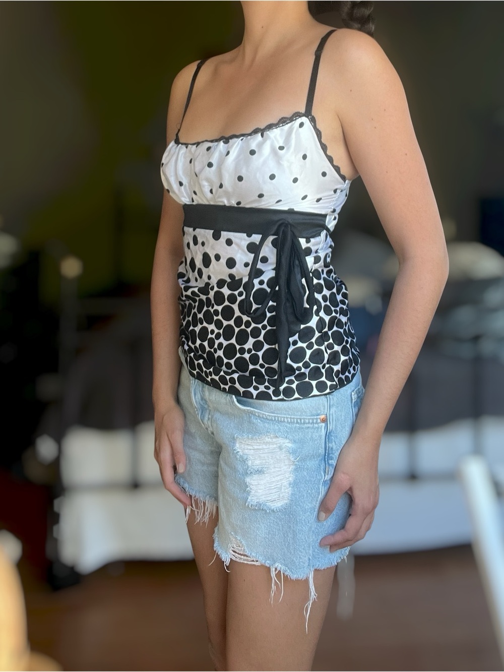 Polka Dot Satin Cami Top with Tie Waist - Black & White
